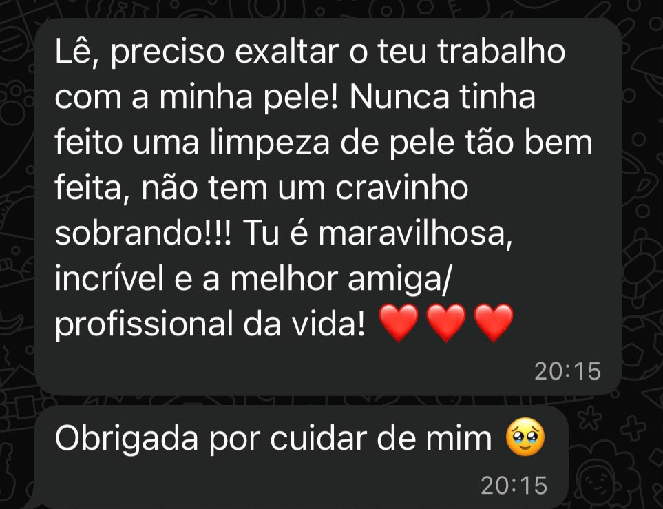 Mensagem de paciente elogiando a limpeza de pele realizada